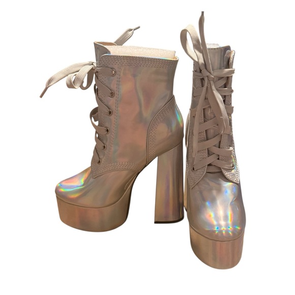 Dolls Kill N.Y. L.A. Holographic Platform Lace-Up Heeled Boots - Iridescent - Picture 3 of 7